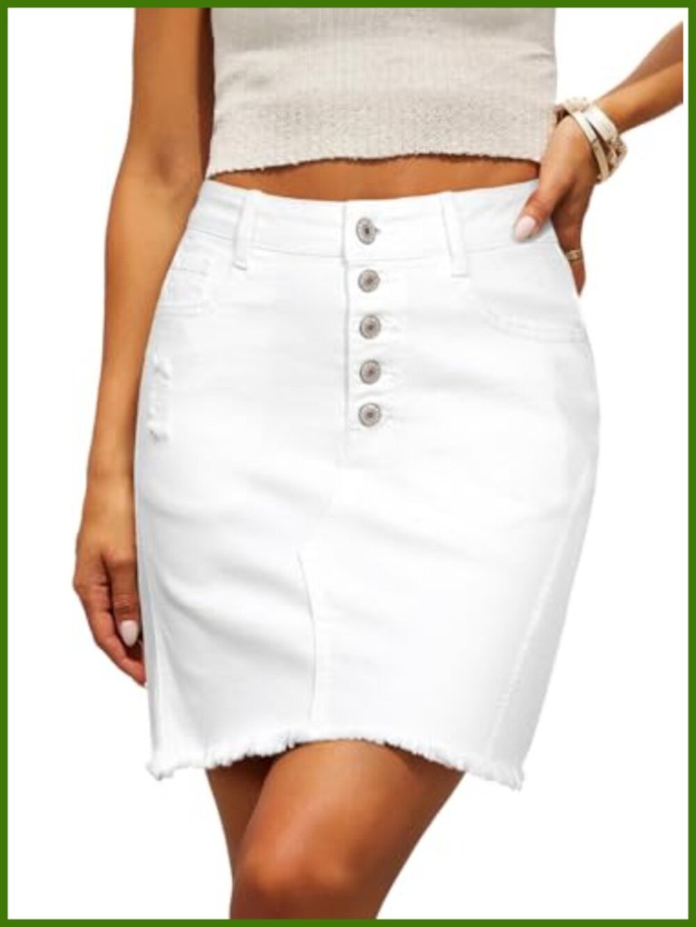 High Rise Stretchy Denim Jean Skirt Button Front Frayed Hem Womens Casual